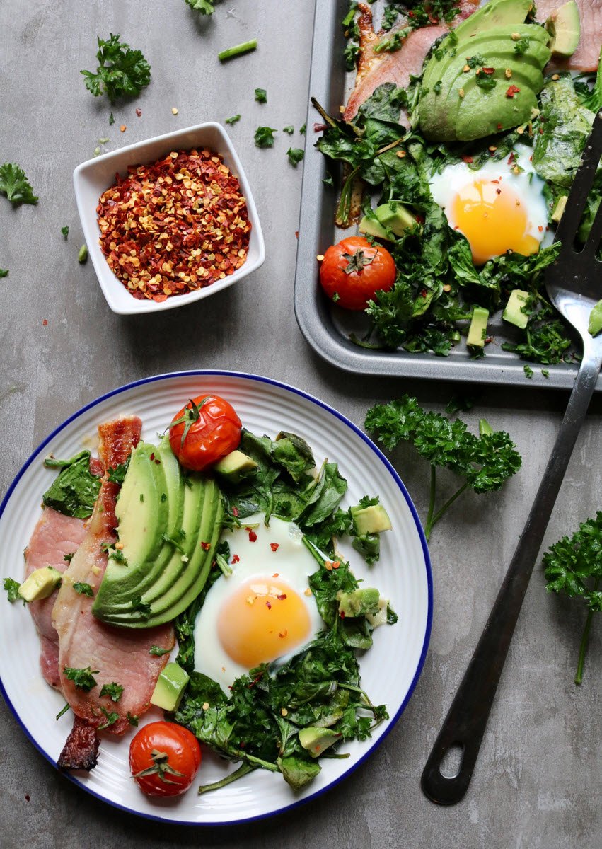 all-in-one keto breakfast bacon egg greens avocado