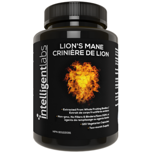 a bottle of intelligent labs lion's mane nootropic supplement