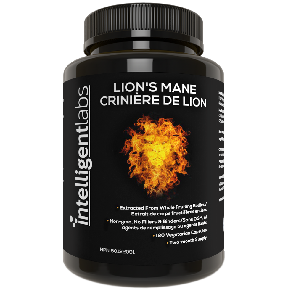 a bottle of intelligent labs lion's mane nootropic supplement